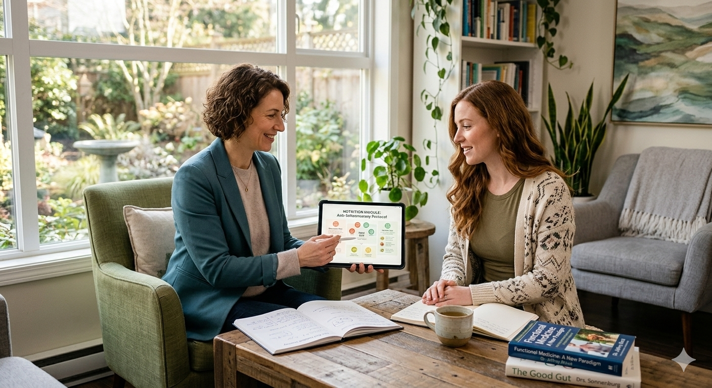 Two women in a room, one points at a tablet displaying a graphic, sitting by a window.