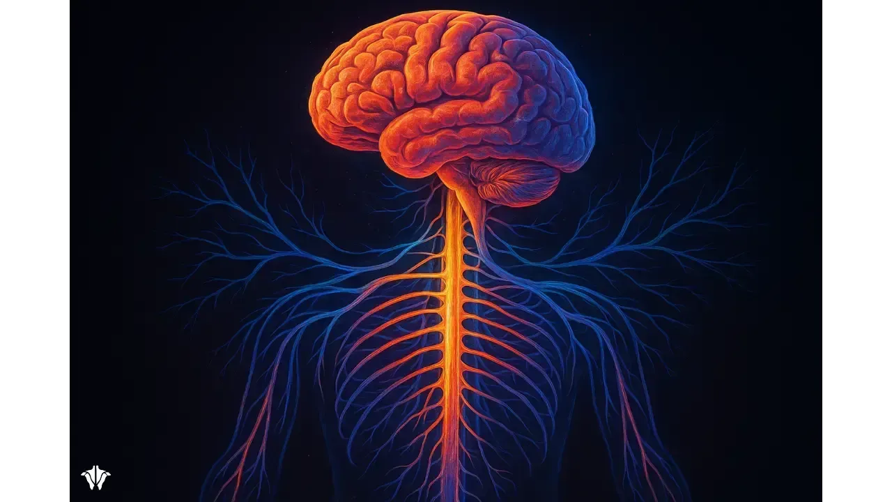 Brain and nervous system illustration, orange and blue on black background.
