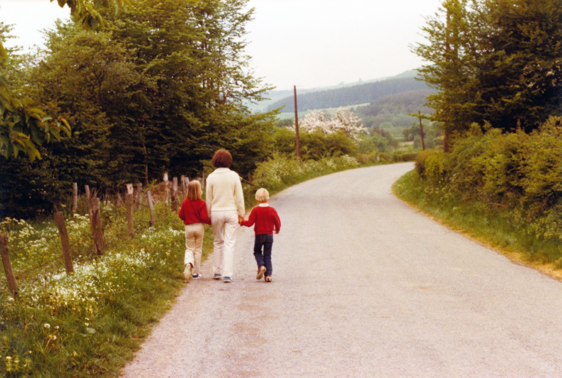 Family walking down a road