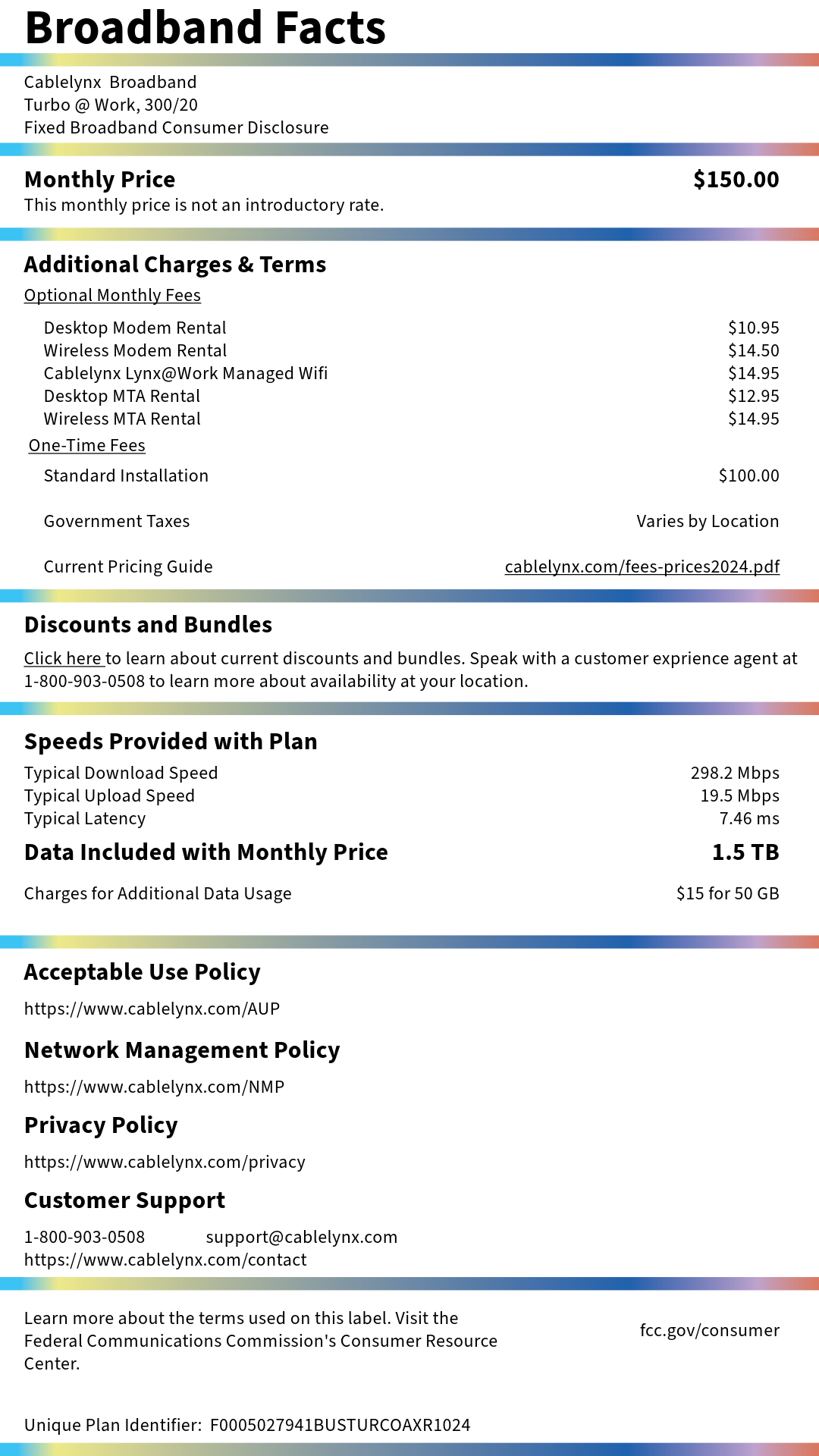 Broadband Nutrition Label providing information about Turbo Internet for Your Business