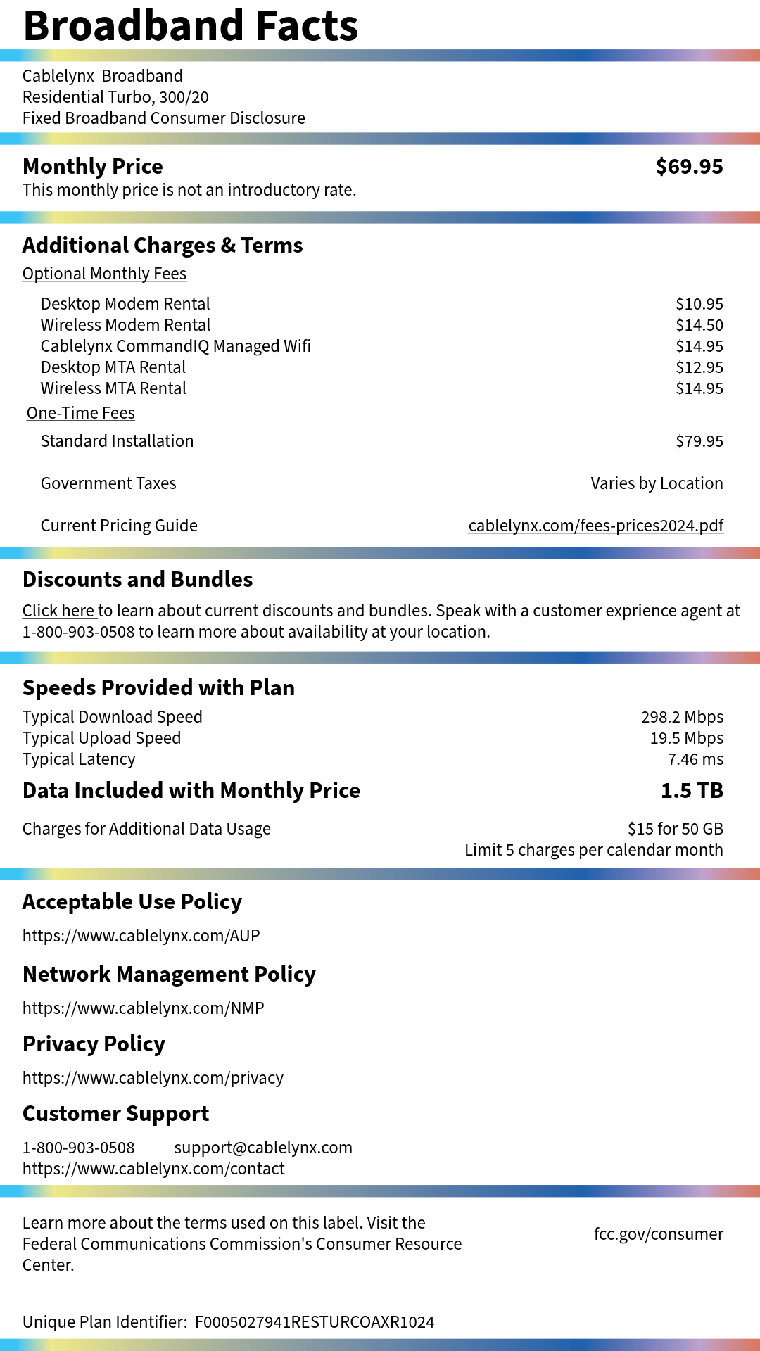 Broadband Nutrition Label providing information about Turbo Broadband Internet 