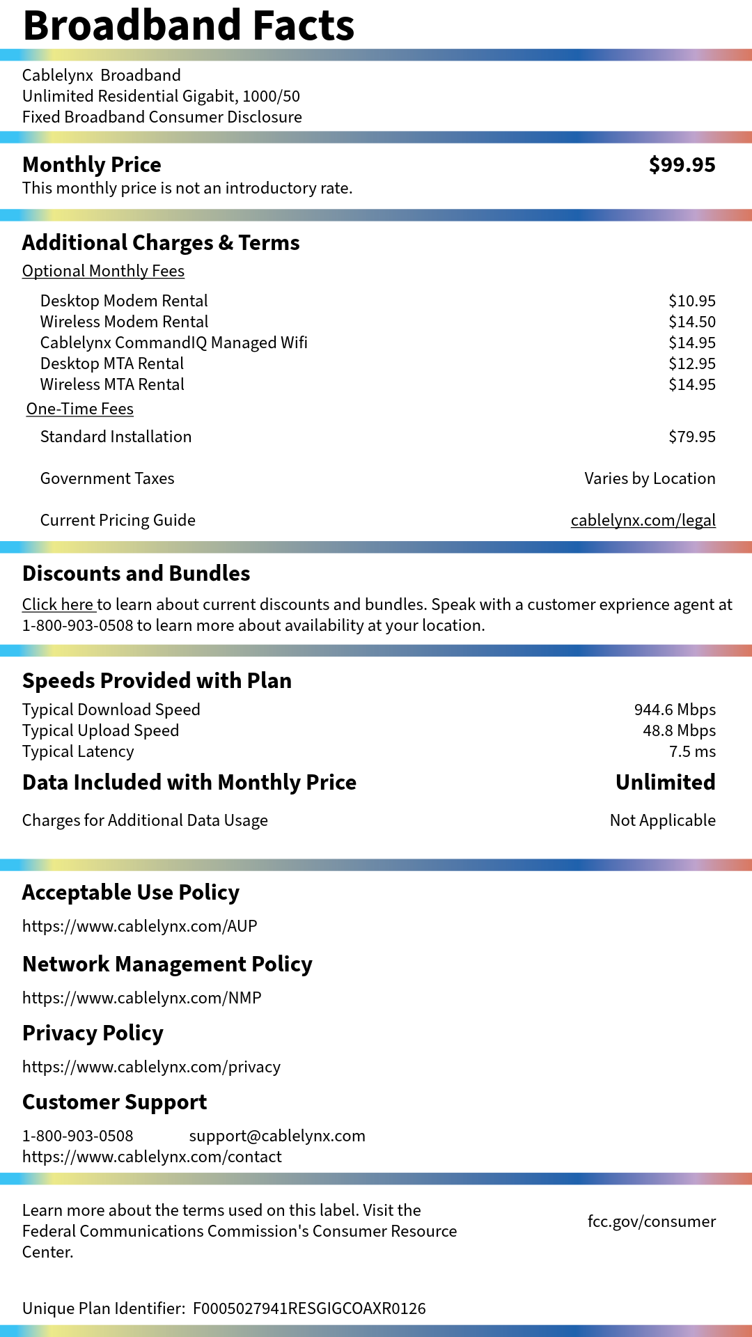 Broadband Nutrition Label providing information about Gig Internet