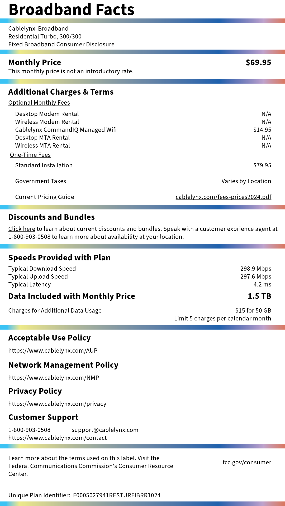 Broadband Nutrition Label providing information about Fiber Turbo Internet for Your Home