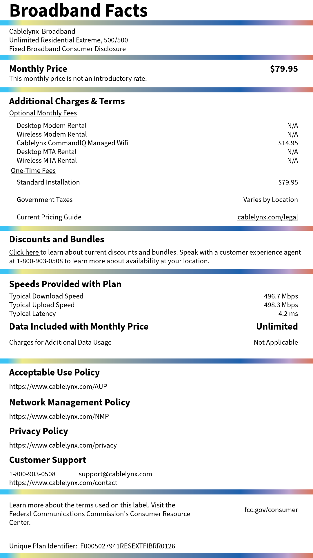 Broadband Nutrition Label providing information about Extreme Fiber Internet