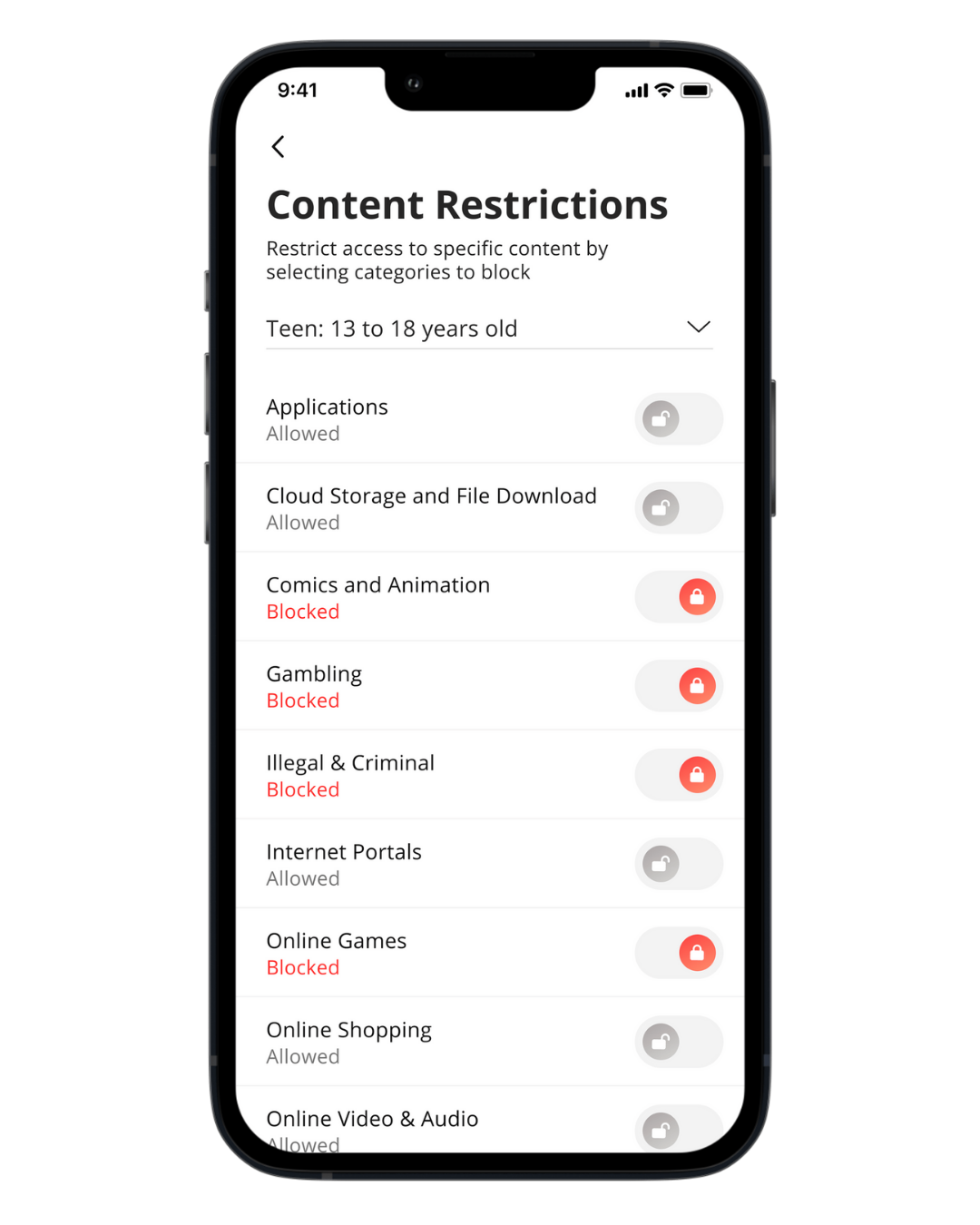 Smartphone screen with content restrictions settings. Several categories are toggled off.