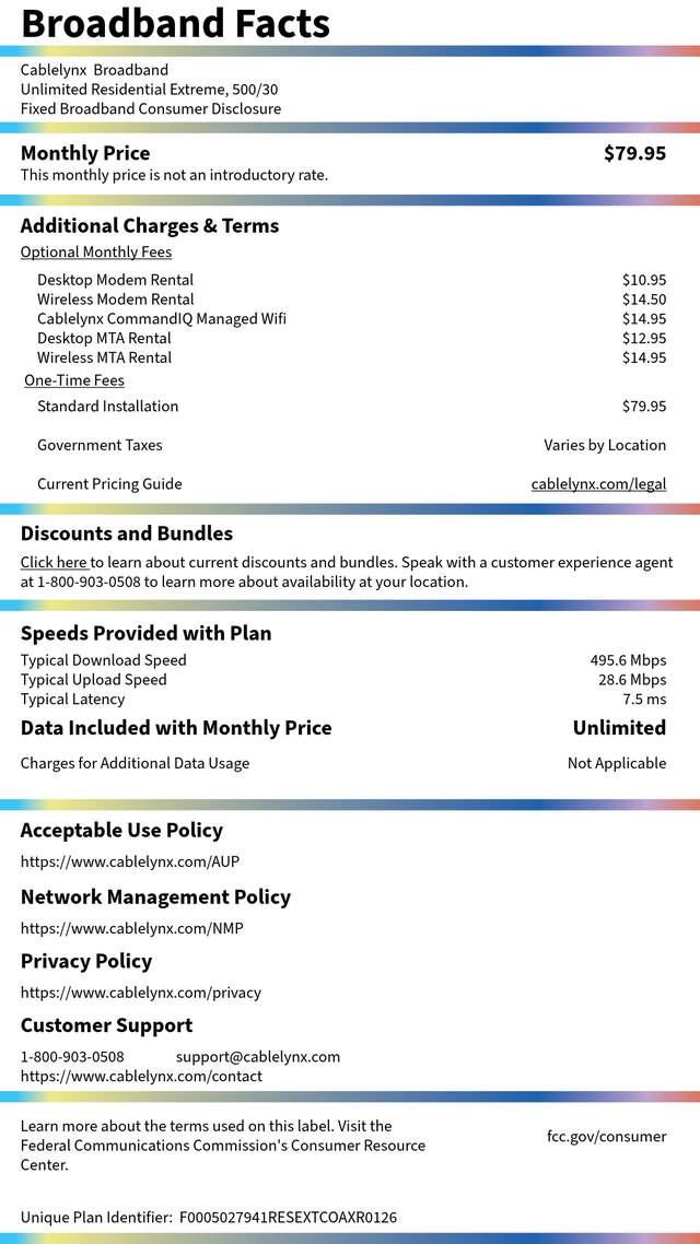 Broadband Nutrition Label providing information about Extreme Internet