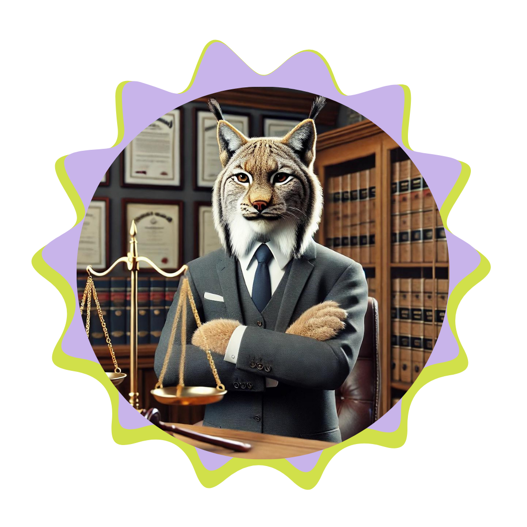 A lynx in a suit and tie is standing in front of a scale of justice.