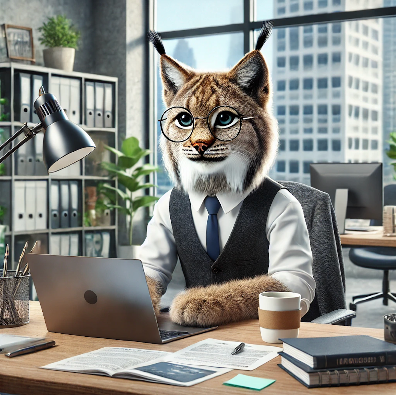 A lynx, the mascot of Cablelynx, working on a laptop in a modern office setting, representing our business internet services.