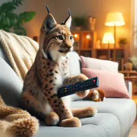 A lynx, the mascot of Cablelynx, sitting on a couch holding a TV remote, representing the company's digital cable services.