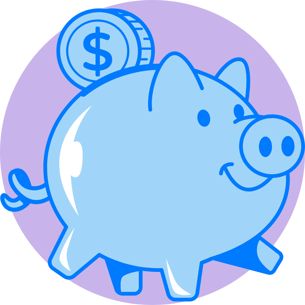 A blue piggy bank with a dollar coin in it