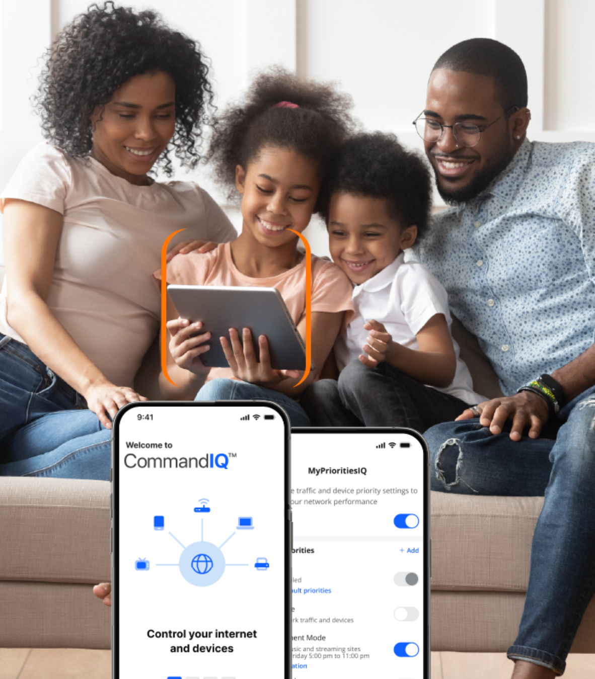 Family using a tablet and smartphone; app controls internet and devices.