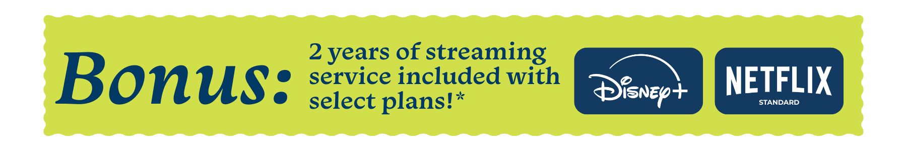 Bonus: 2 years of streaming service included with select plans. Disney+ and Netflix logos.
