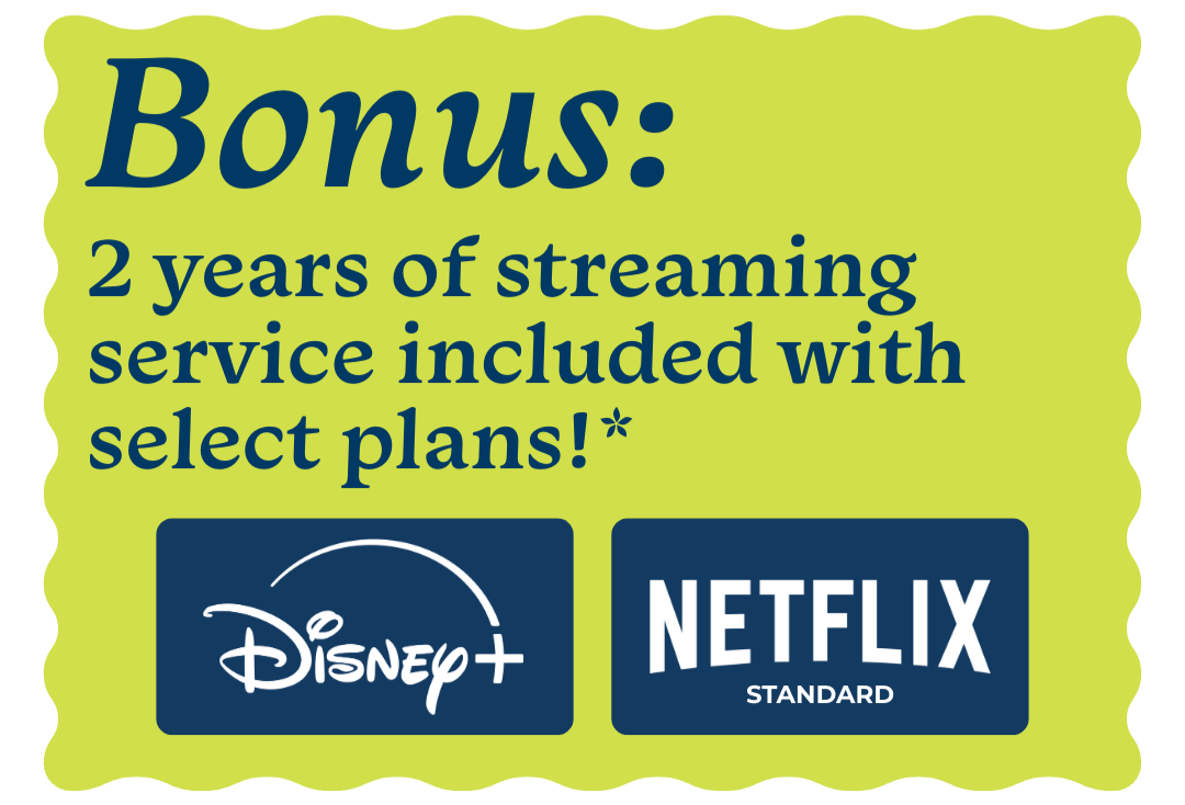 Bonus offer: 2 years of Disney+ and Netflix included with select plans, displayed on a green tag.