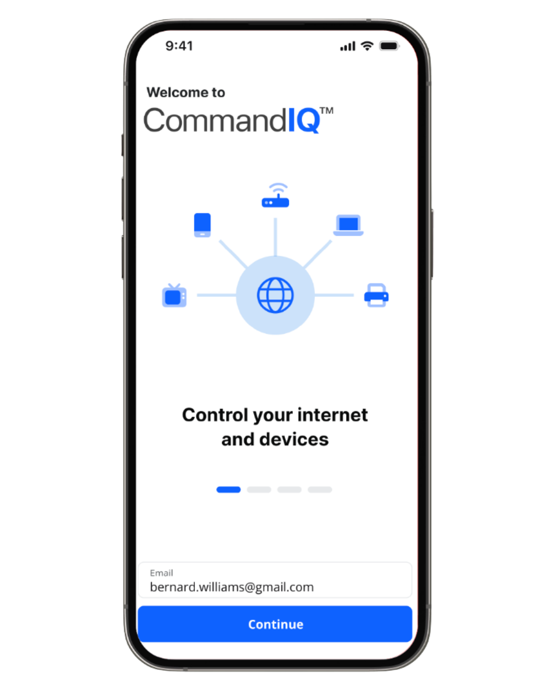 Smartphone displaying the CommandIQ app welcome screen. It shows a network diagram with the tagline "Control your internet and devices."