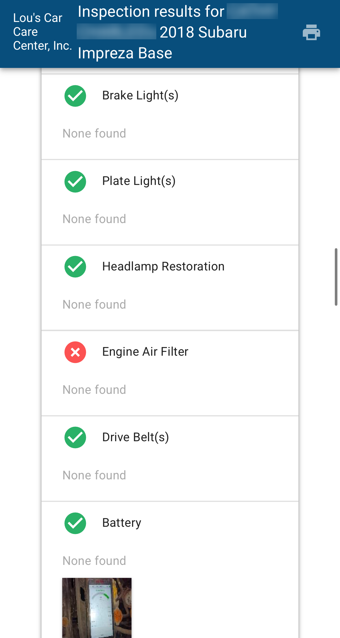 Digital Safety Inspection results on vehicle in shop.