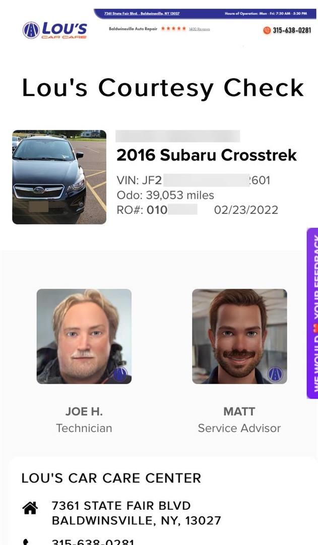 A screenshot of a courtesy check for a subaru crosstrek. | Lou's Car Care Center, Inc.