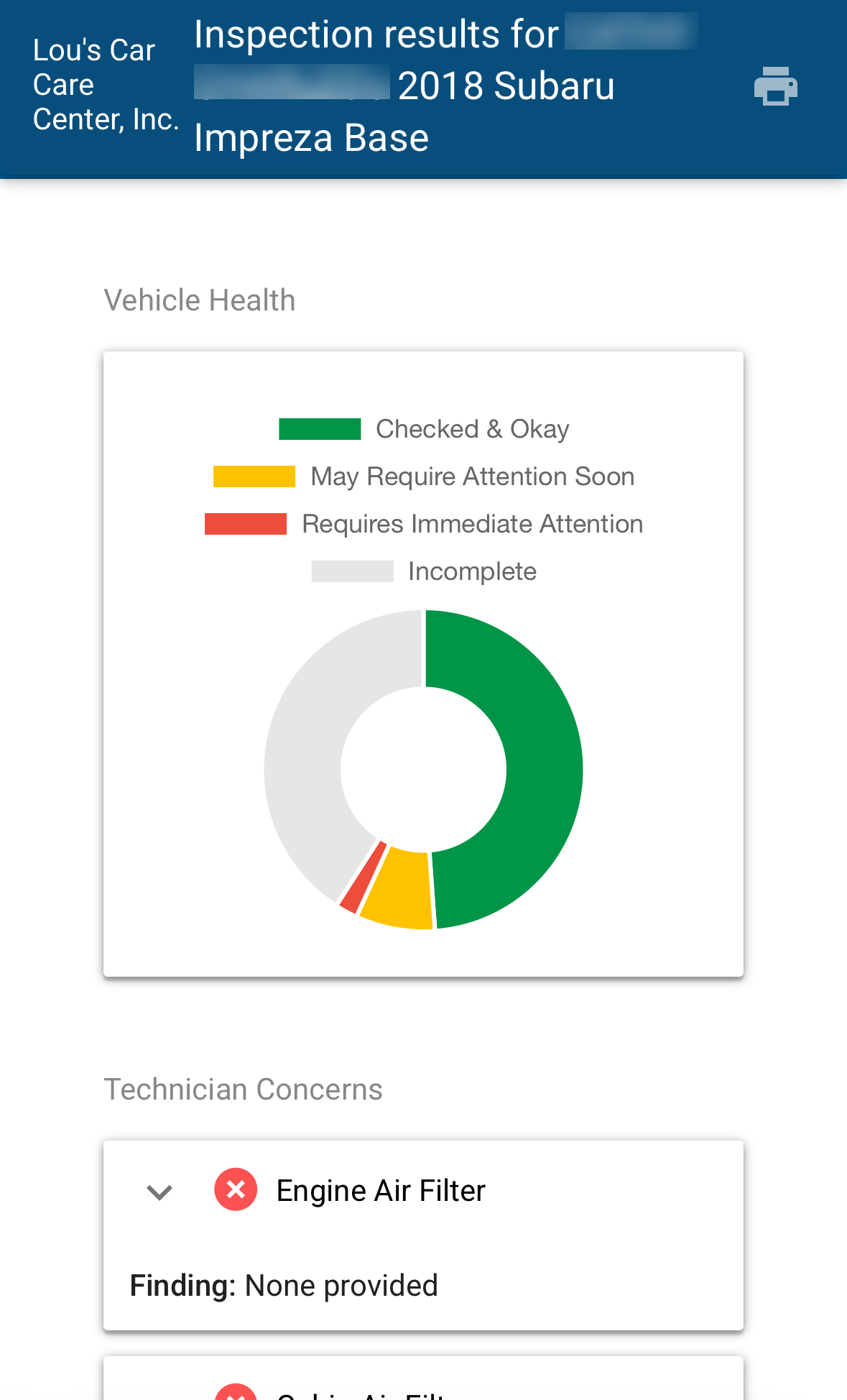 Vehicle Health Report for a car in the shop.