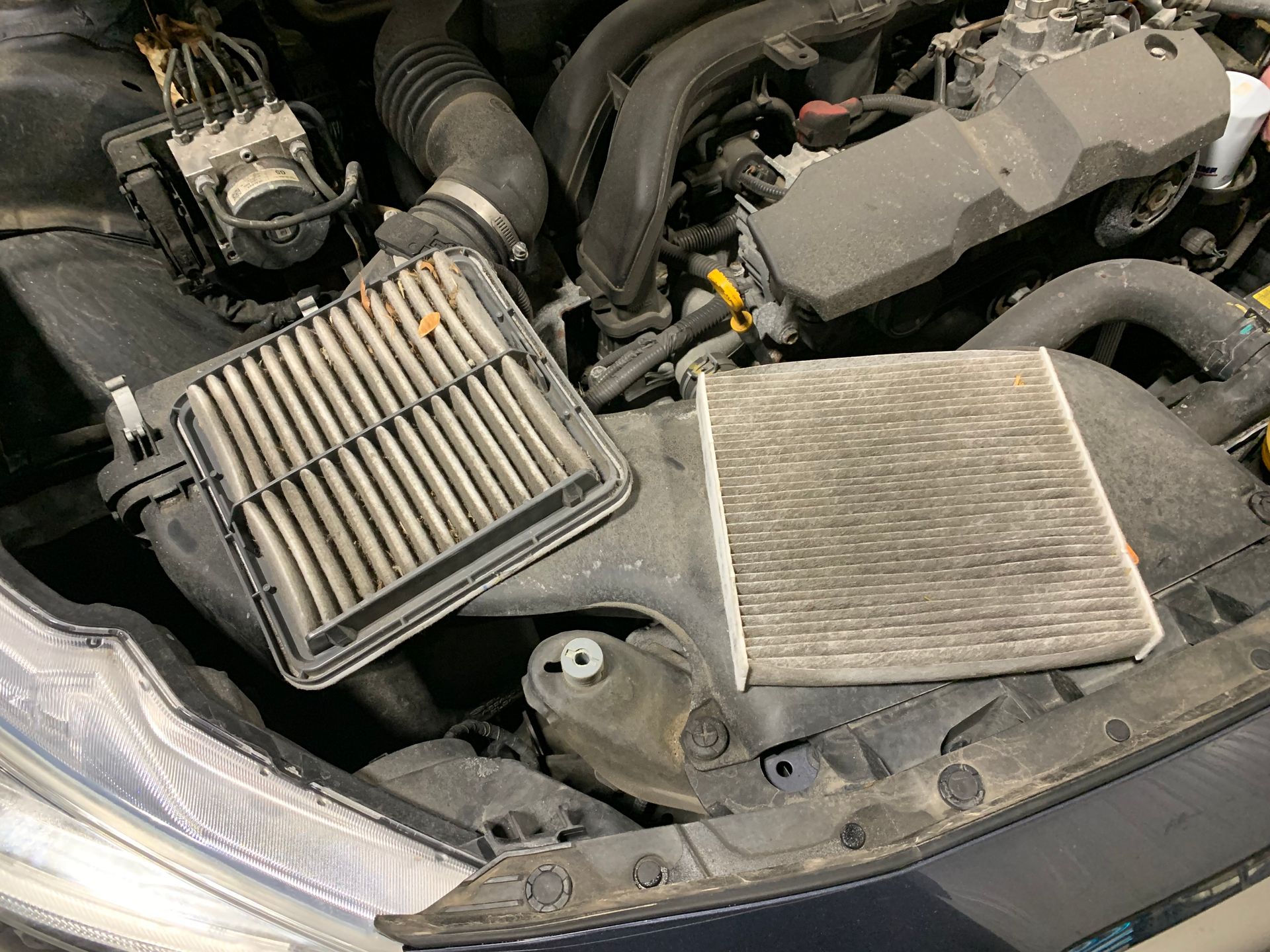 A dirty air filter and a clean air filter are sitting under the hood of a car. | Lou's Car Care Center, Inc.