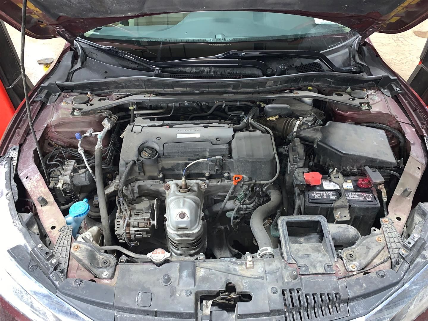 The engine of a red honda accord with the hood open. | Lou's Car Care Center Inc.