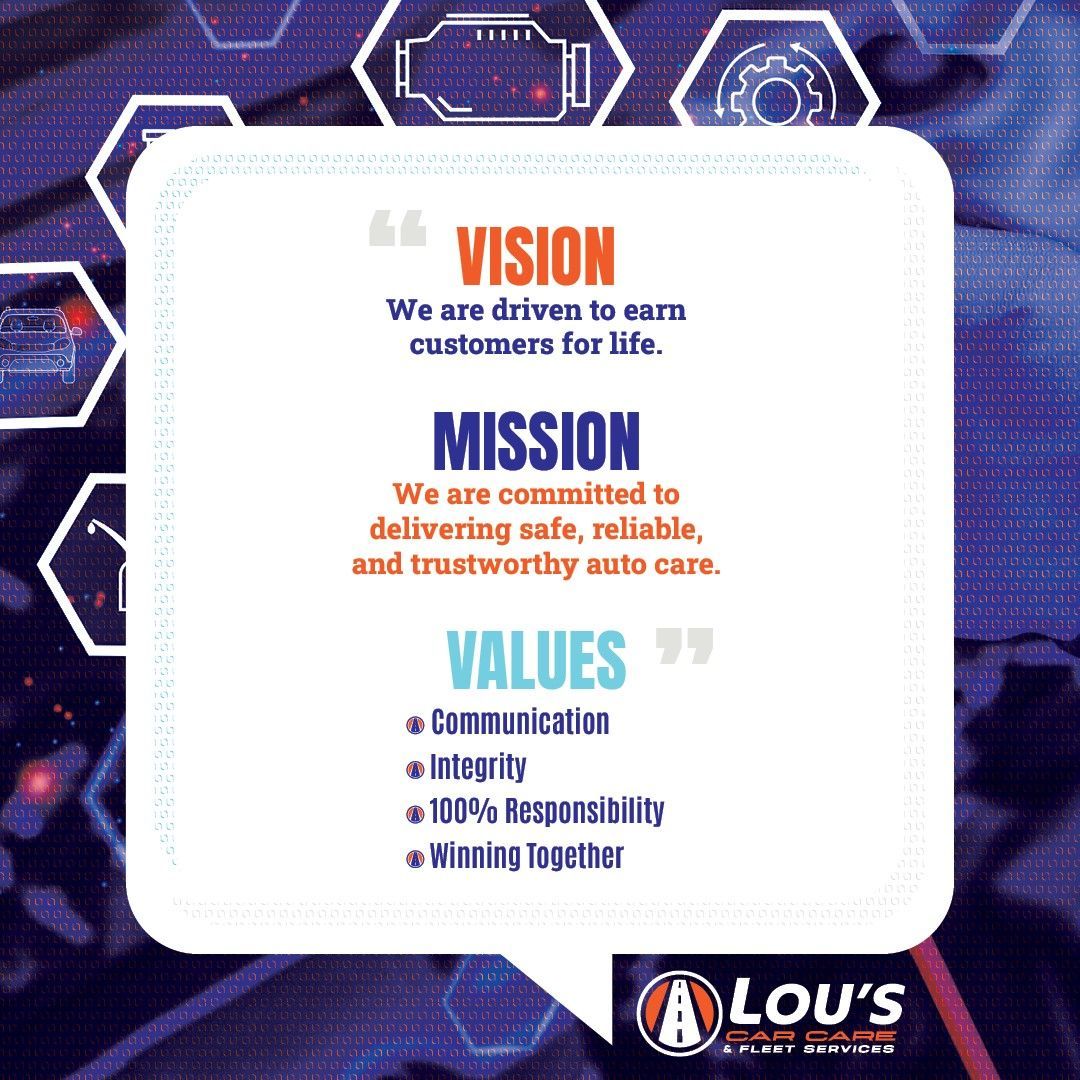 An advertisement for lou 's auto care shows their vision mission and values | Lou's Car Care