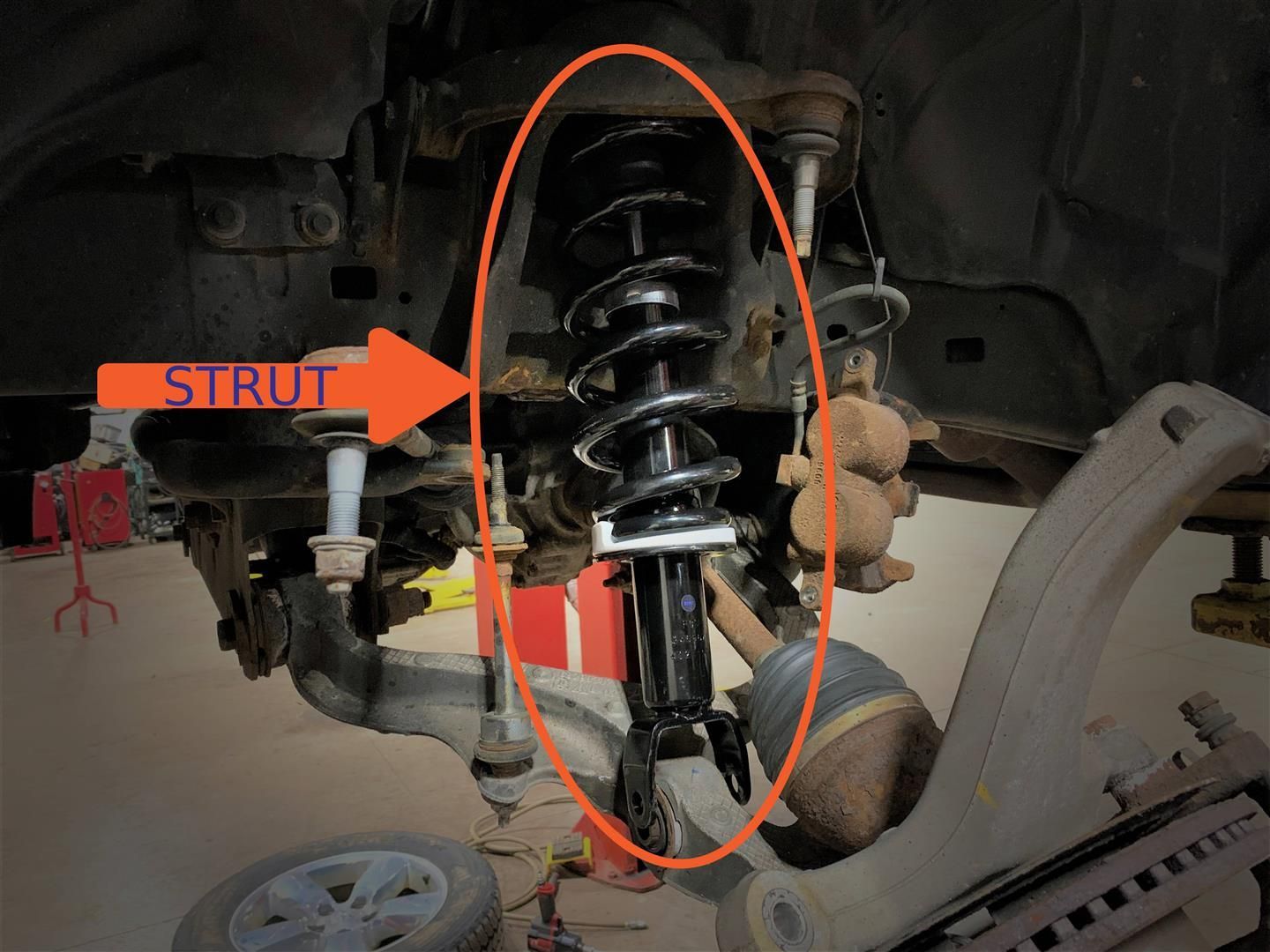 A close up of a shock absorber with an arrow pointing to the strut | Lou's Car Care Center, Inc.