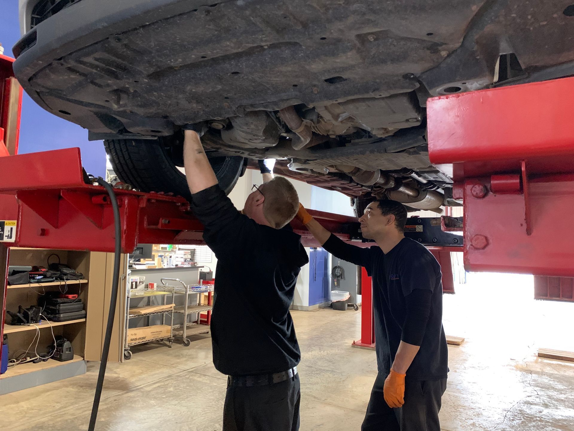 Two men are working under a car on a lift. | Lou's Car Care Center, Inc.