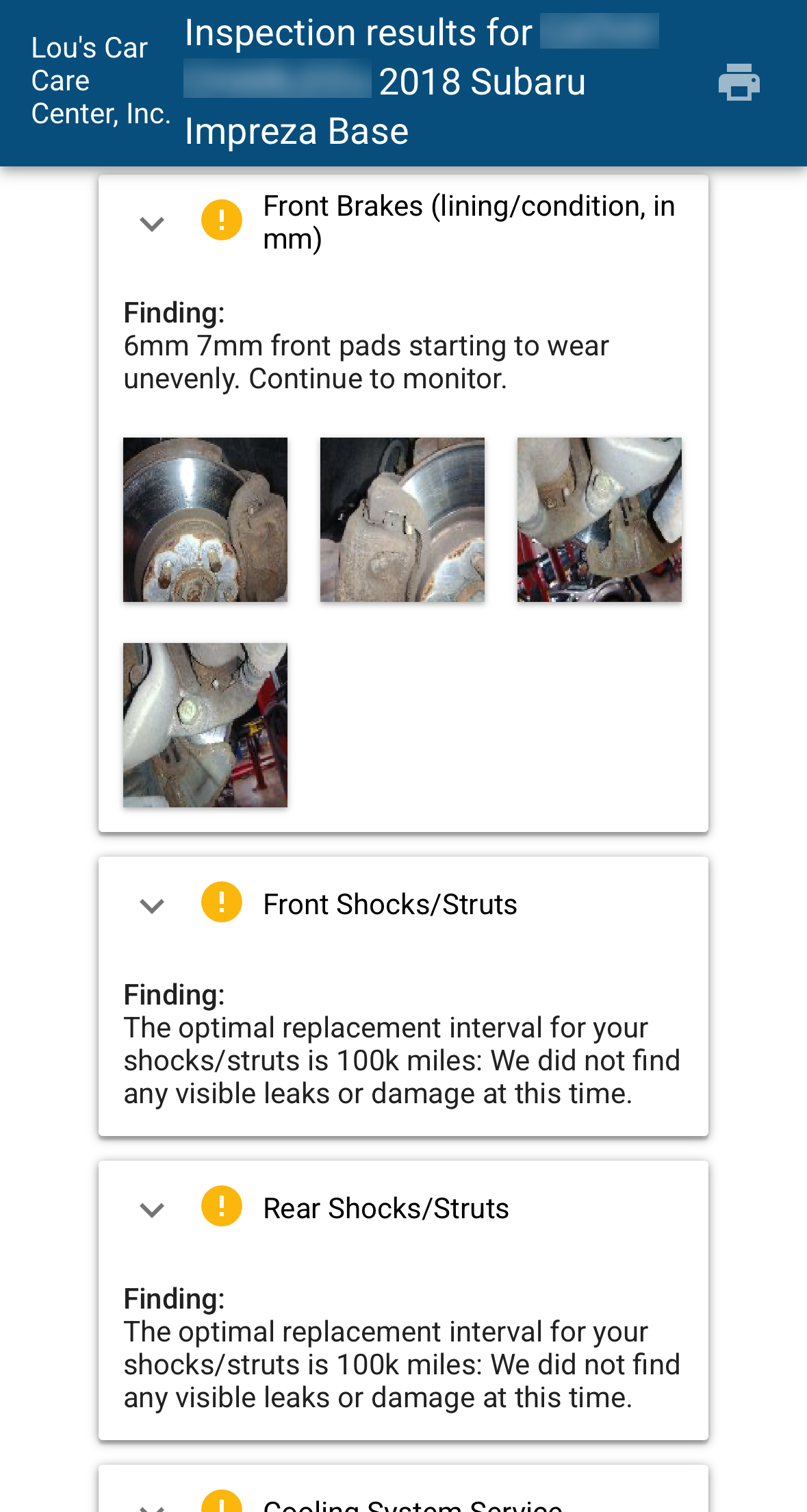Digital Safety Inspection results of vehicle in the shop.