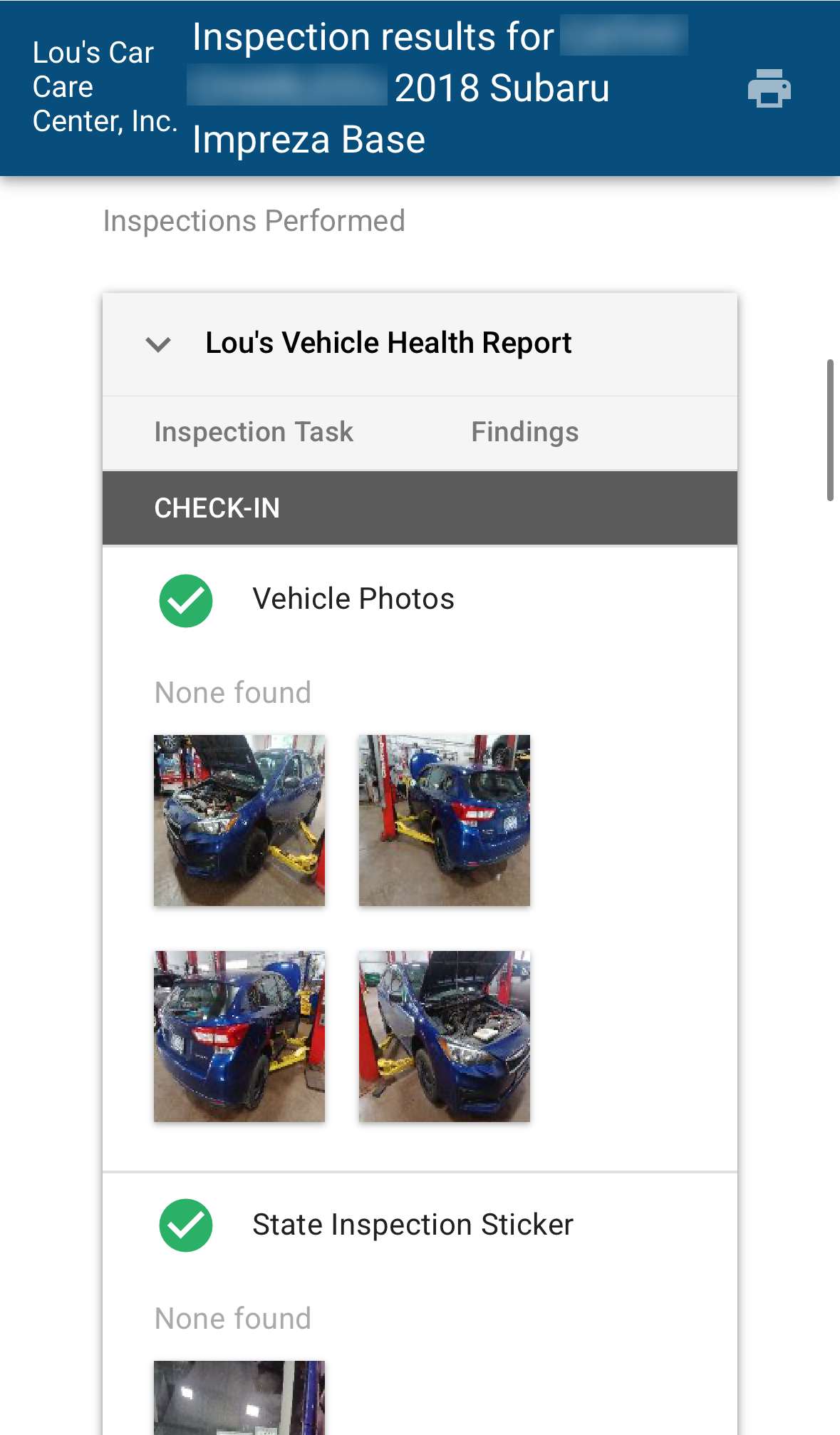 Example of report findings in Vehicle Health Report.