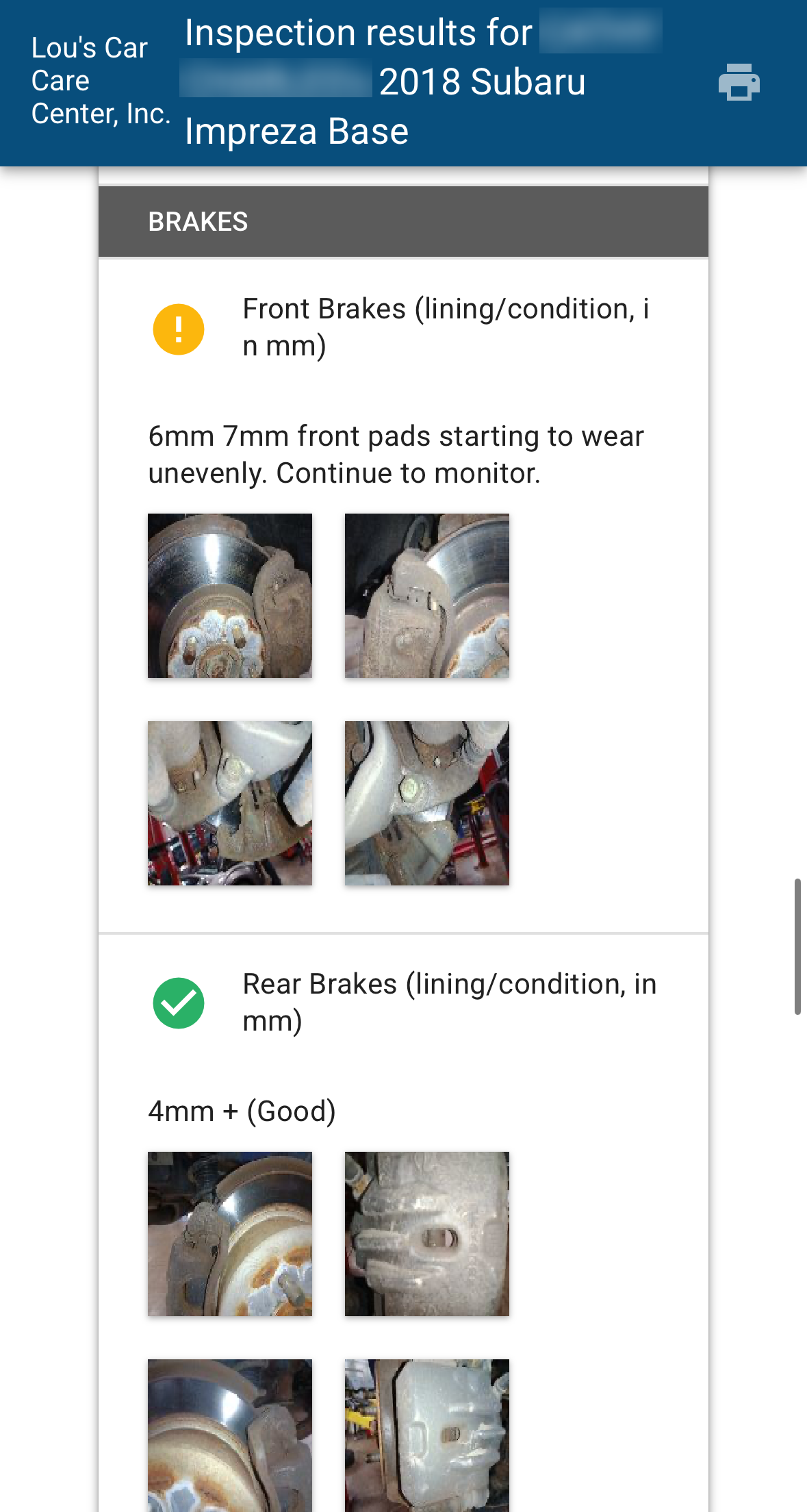 Vehicle Health Report findings on condition of vehicle's brakes with pictures.
