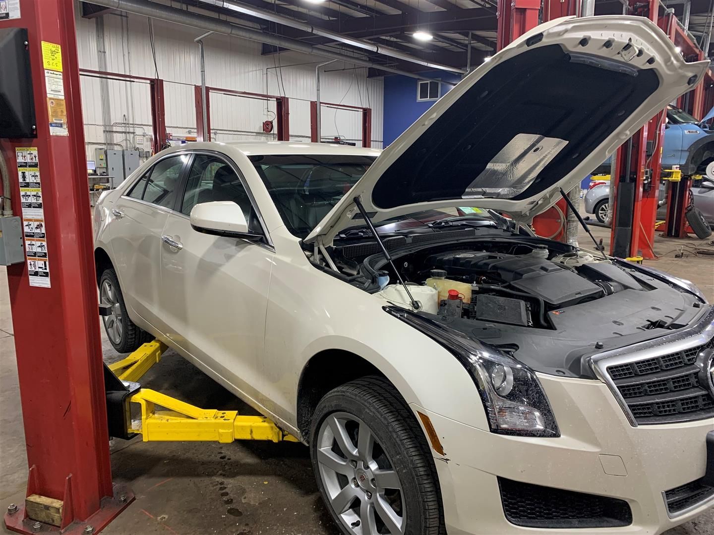 A white car with the hood up is on a lift in a garage. | Lou's Car Care Center Inc.