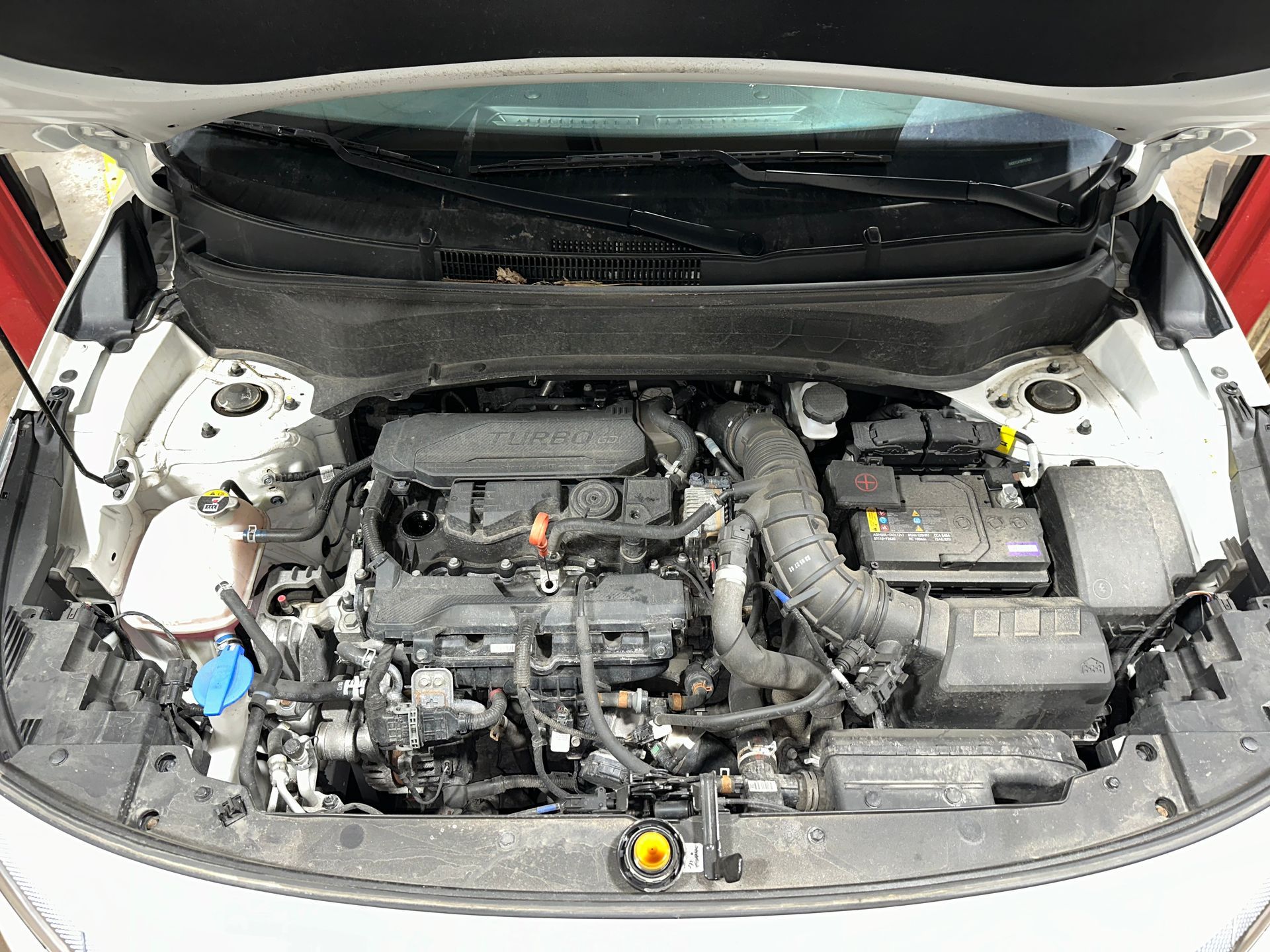 Engine compartment of a white vehicle with hood open in auto repair shop.