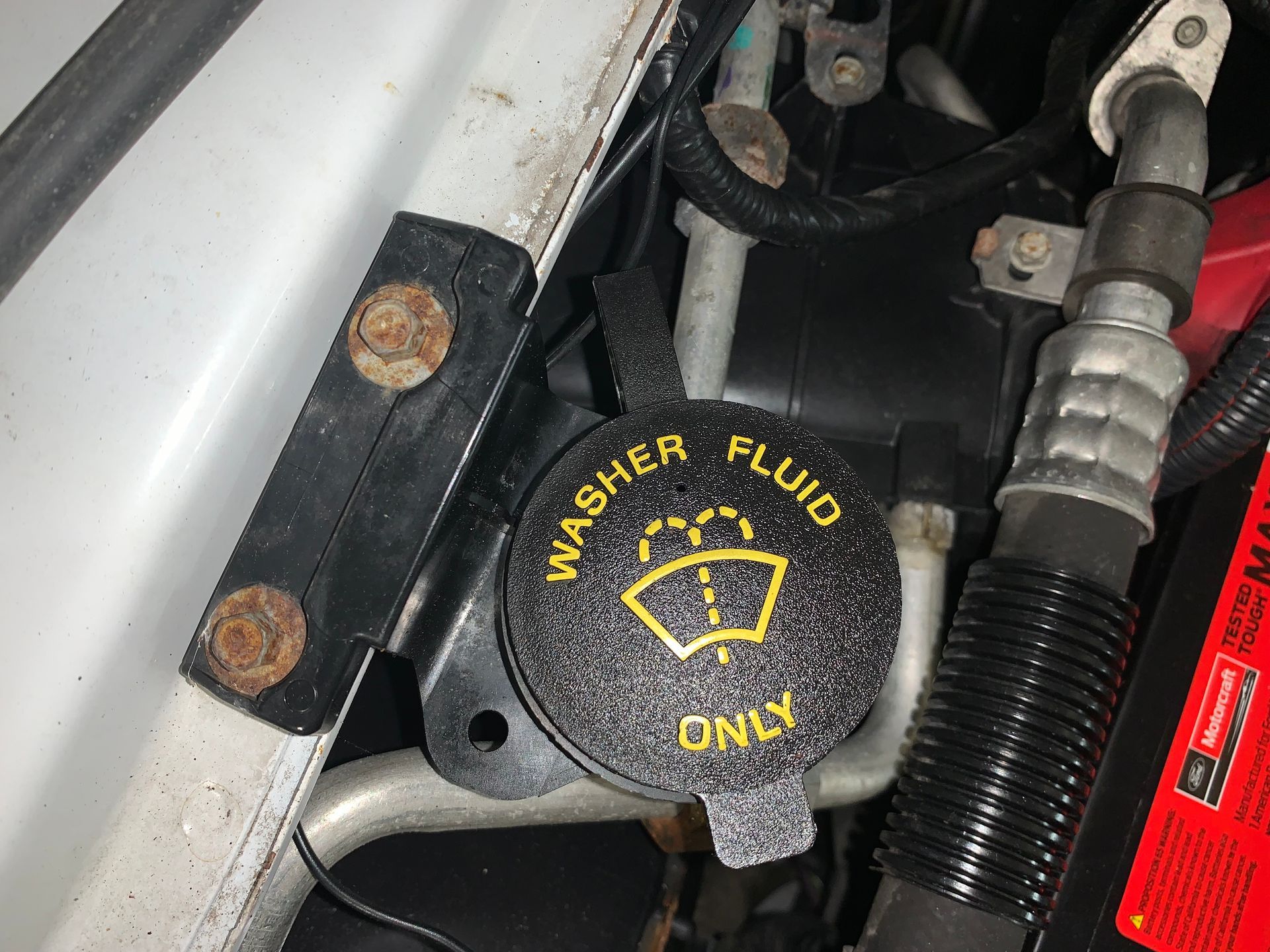 A close up of a washer fluid cap on a car | Lou's Car Care Center Inc.