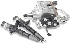 A fuel pump and two injectors on a white background | Lou's Car Care Center