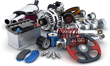 A pile of car parts including a battery and steering wheel | Lou's Car CAre Center