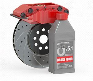 A bottle of brake fluid is next to a brake disc. | Lou's Car Care Center