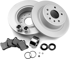 A set of brake discs and pads on a white background | Lou's car care center