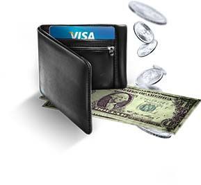 A black wallet with a visa card and coins falling out of it. | Lou's Car Care Center