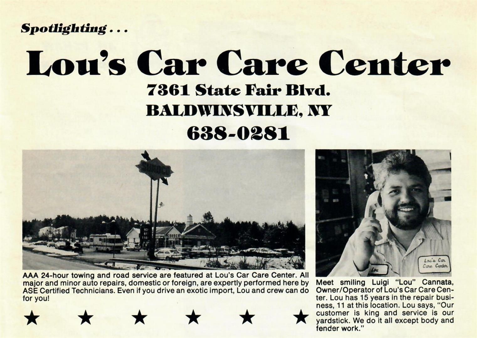 An ad for lou 's car care center in baldwinsville ny | Lou's Car Care Center