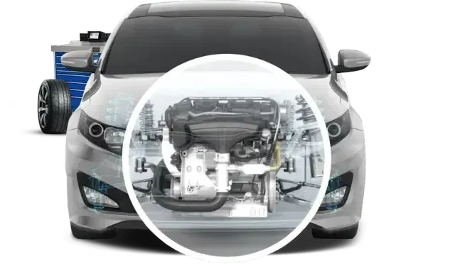 A car engine is shown through a magnifying glass. | Lou's Car Care Center