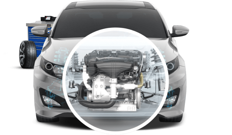 A car engine is shown through a magnifying glass. | Lou's Car Care Center