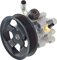 A close up of a power steering pump on a white background | Lou's Car Care Center