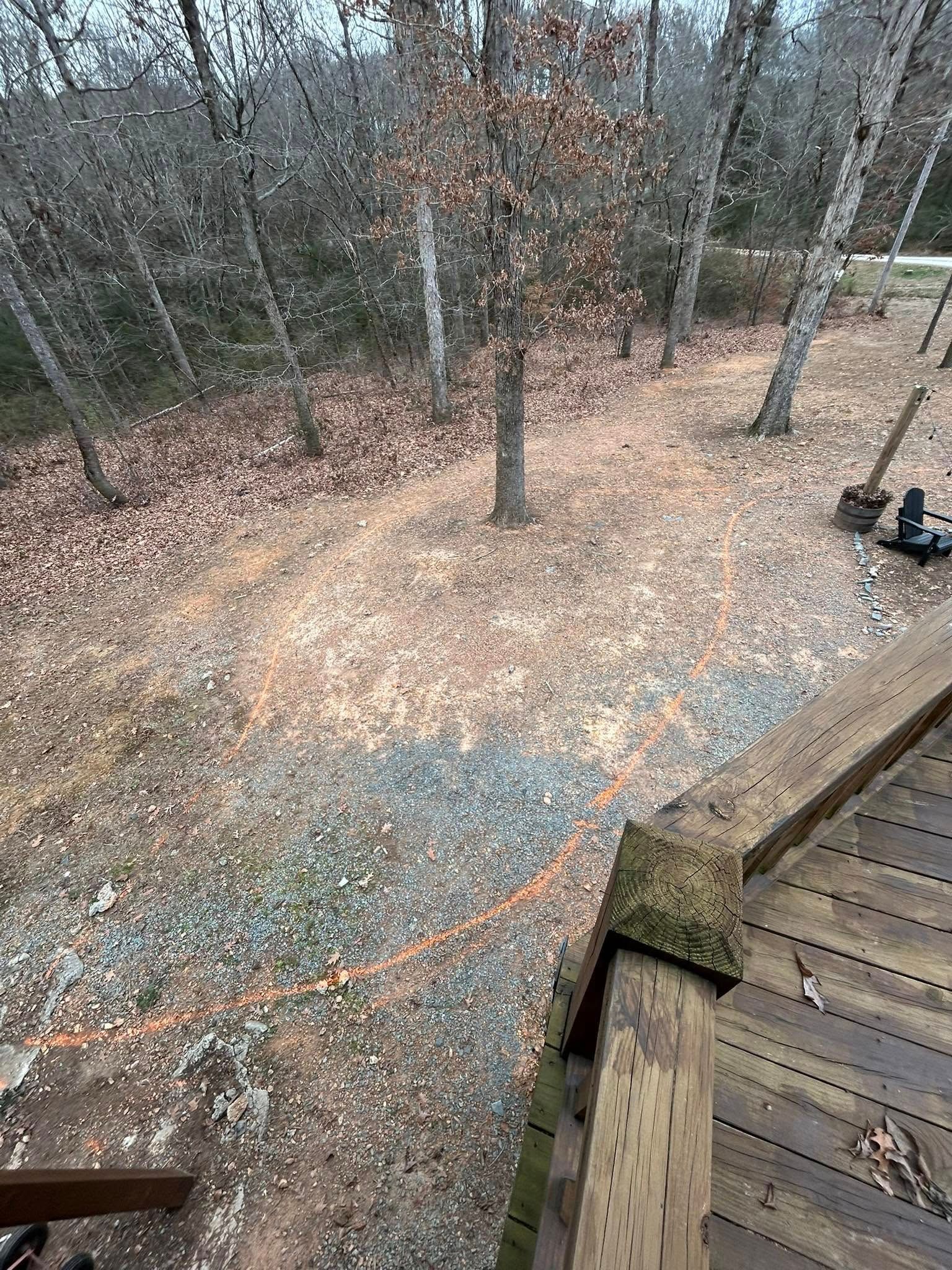 View from a deck overlooking a wooded area covered in fallen leaves. The deck is wooden and has a railing.