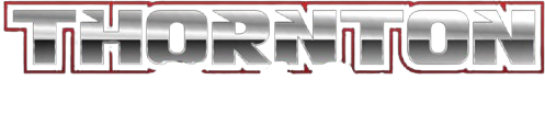 "THORNTON" in stylized, 3D silver letters with red outlining.