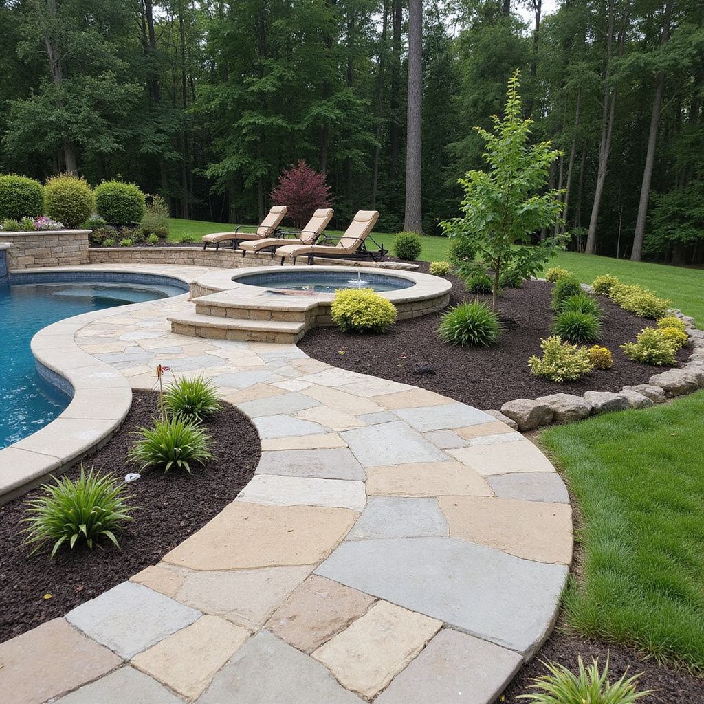 Stone pathway leads to a pool and hot tub surrounded by landscaping and trees.