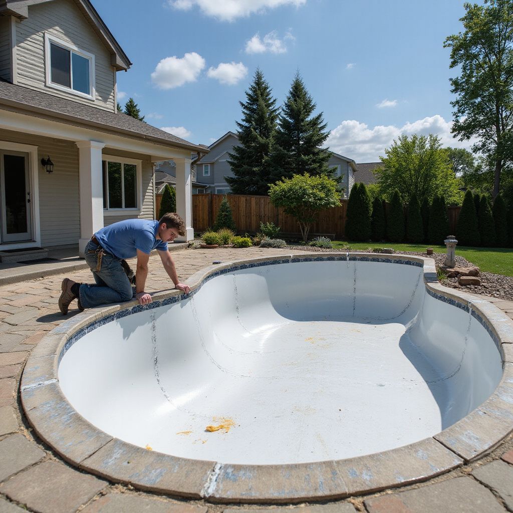 Man kneels by an empty, kidney-shaped swimming pool. He checks the surface as sun shines in the backyard of a house.