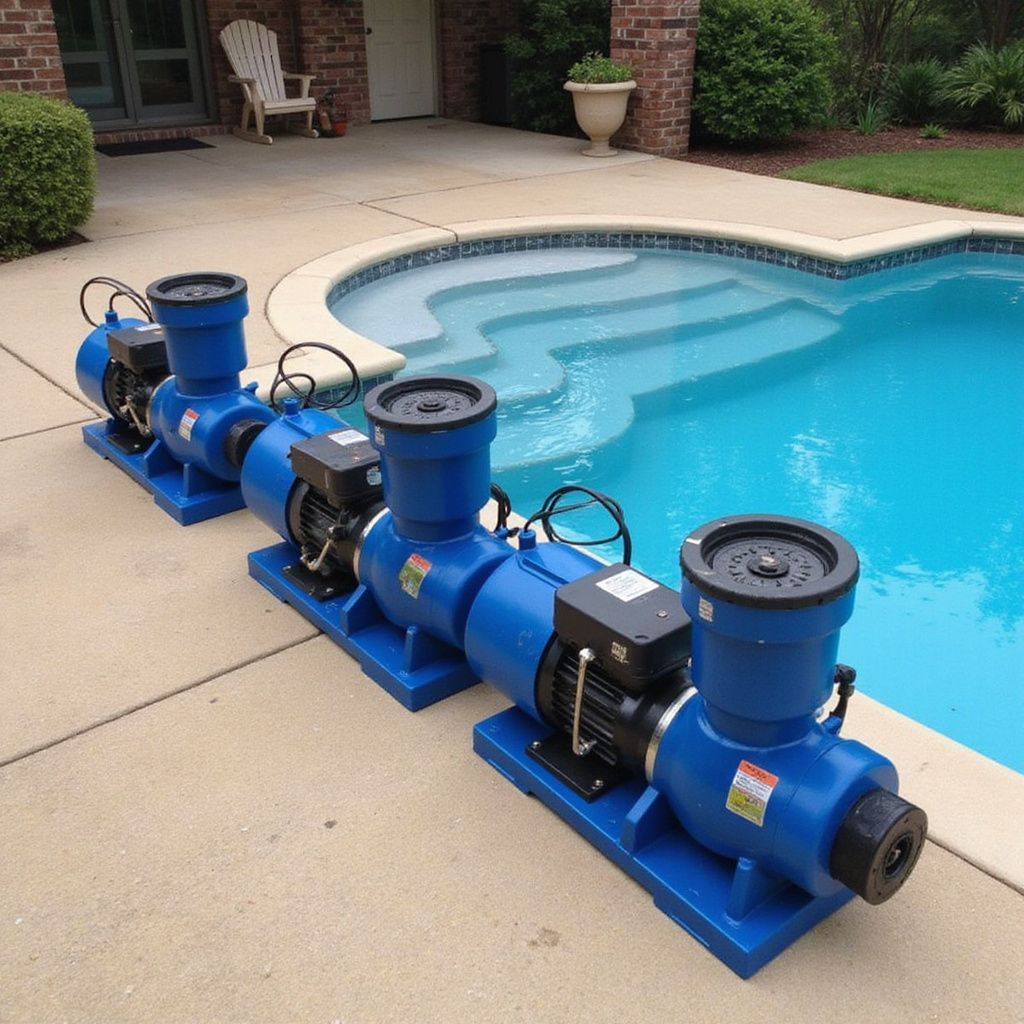 Four blue pool pumps lined up on concrete next to a swimming pool.
