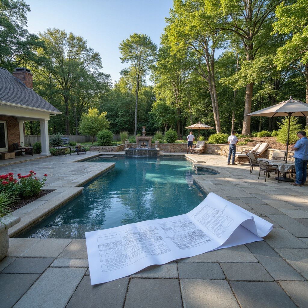 Pool with blueprints, patio furniture, and people in a backyard setting. Trees in the background.