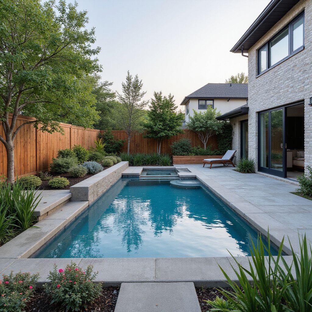 Rectangular pool with patio, plants, wooden fence, and modern house.