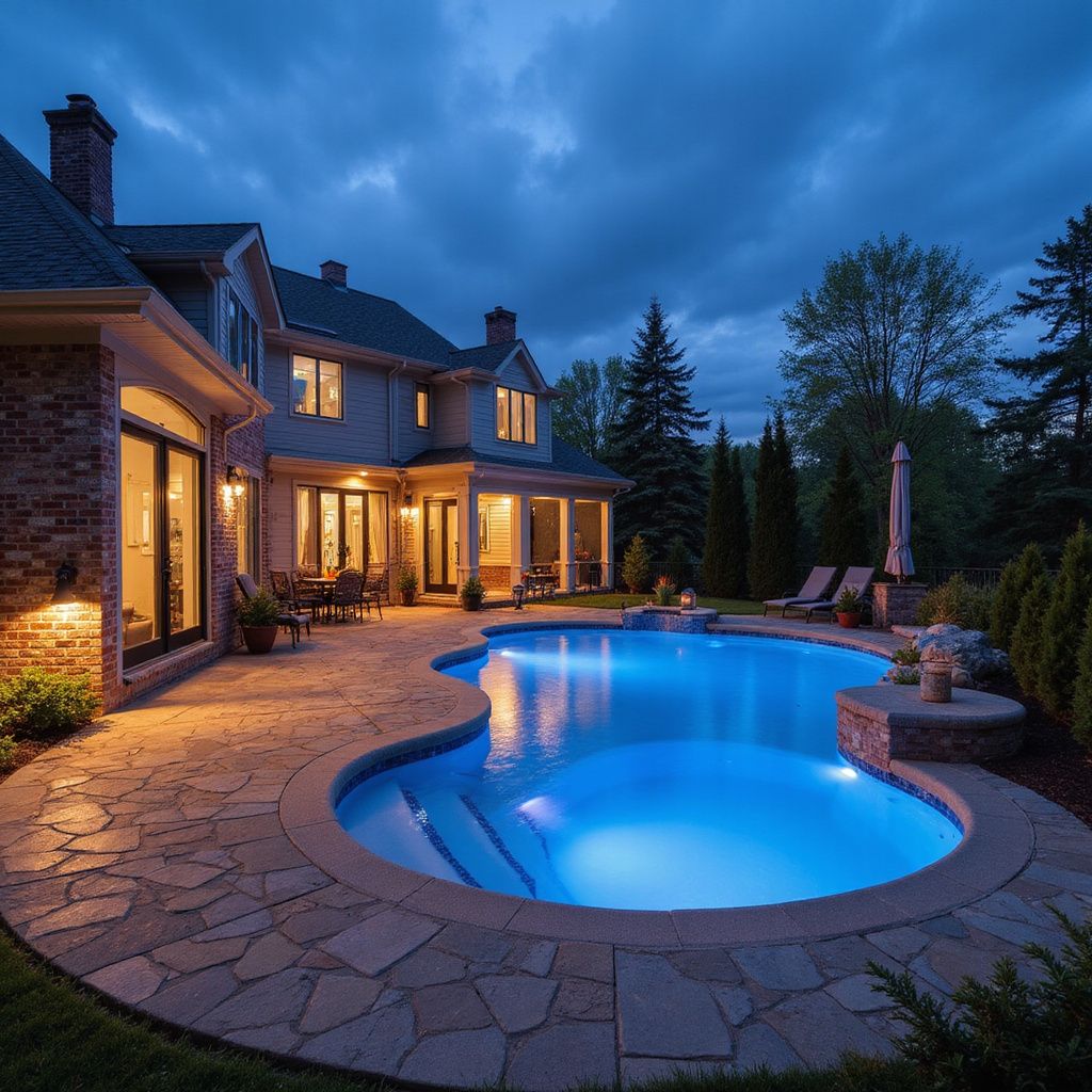 Night view of a luxurious house with a blue-lit pool and patio.