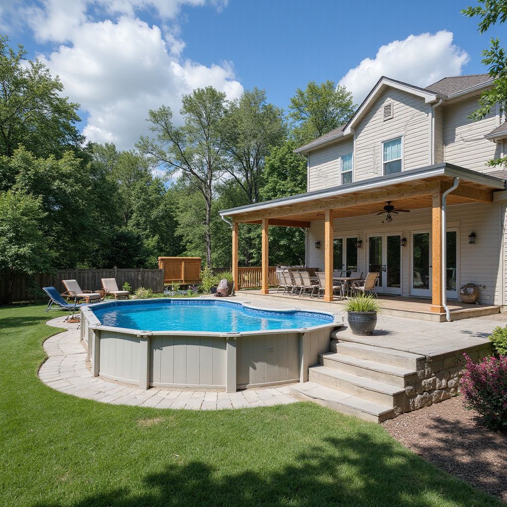 Above-ground pool in a backyard with a patio, covered porch, and a two-story house.